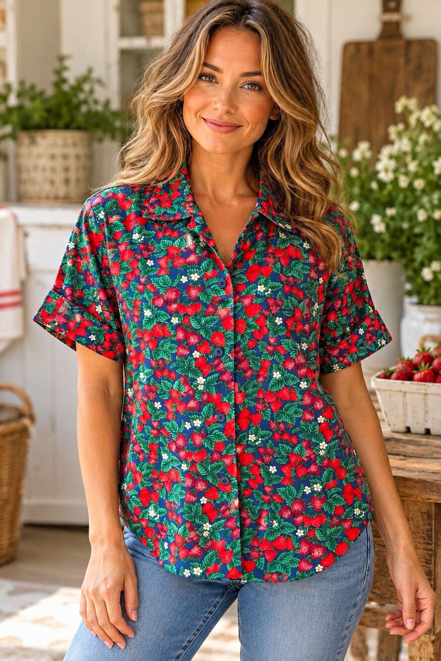 Conversation Pieces Strawberry Print Button Front Blouse Size Small